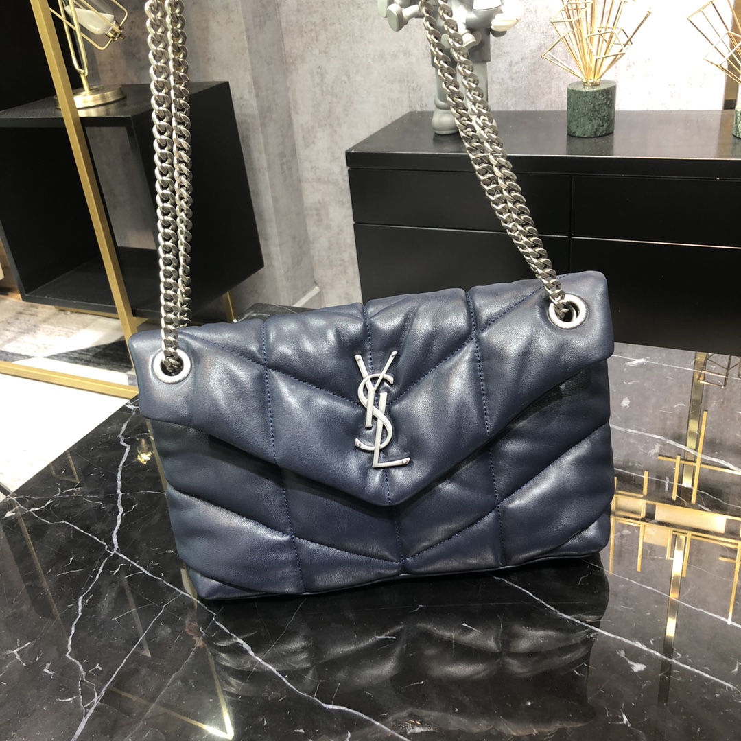 Saint Laurent Loulou Puffer Small Lambskin Shoulder Bag Handbag Dark Blue 577476 Silver